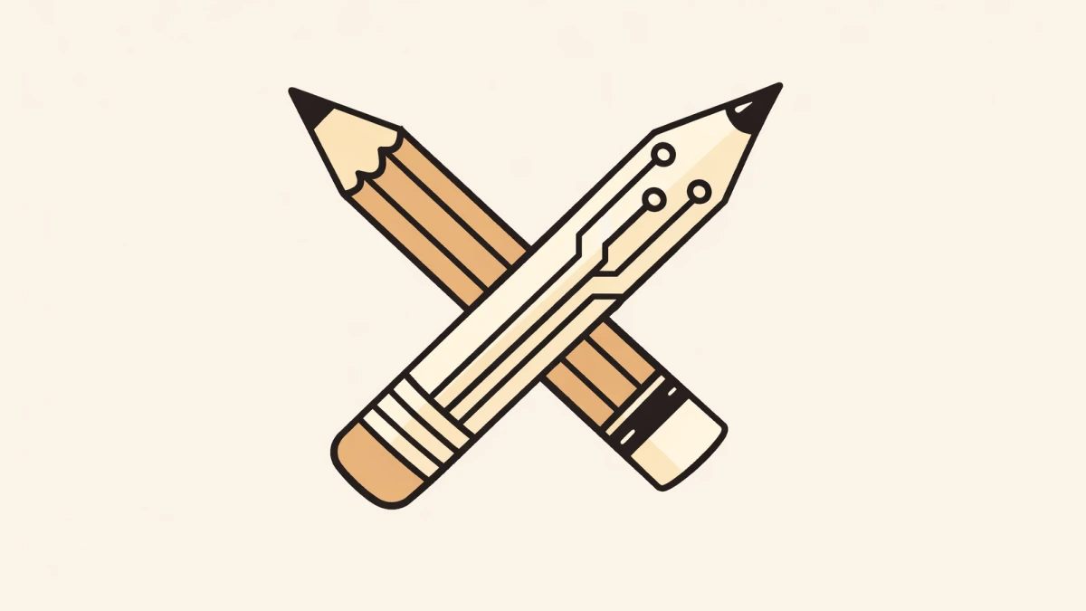 Two crossed pencils, one regular and one made of a circuit.