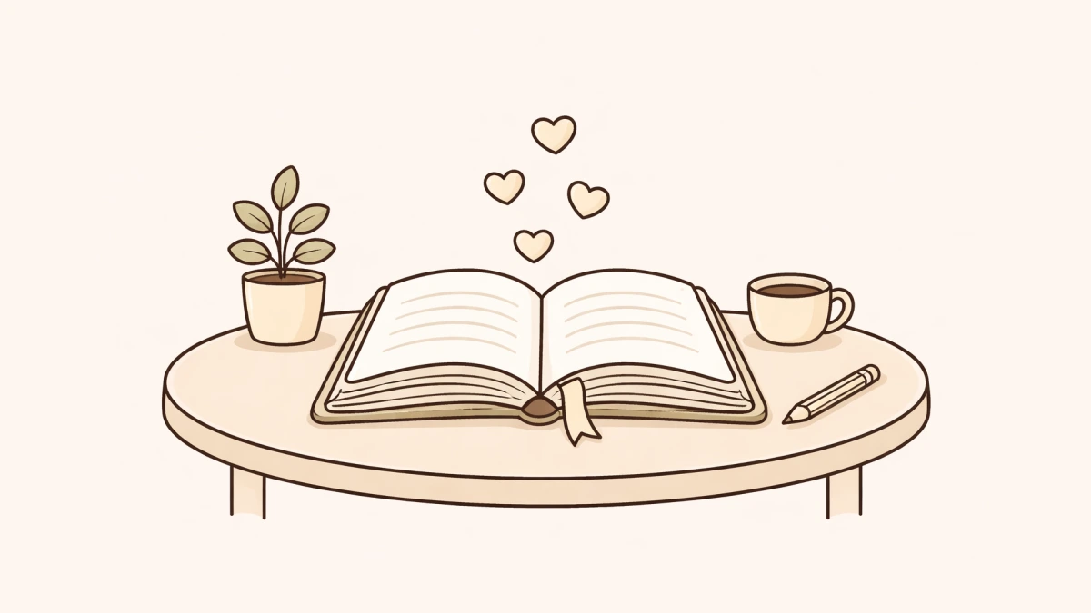 Open romance book on a desk with hearts floating above