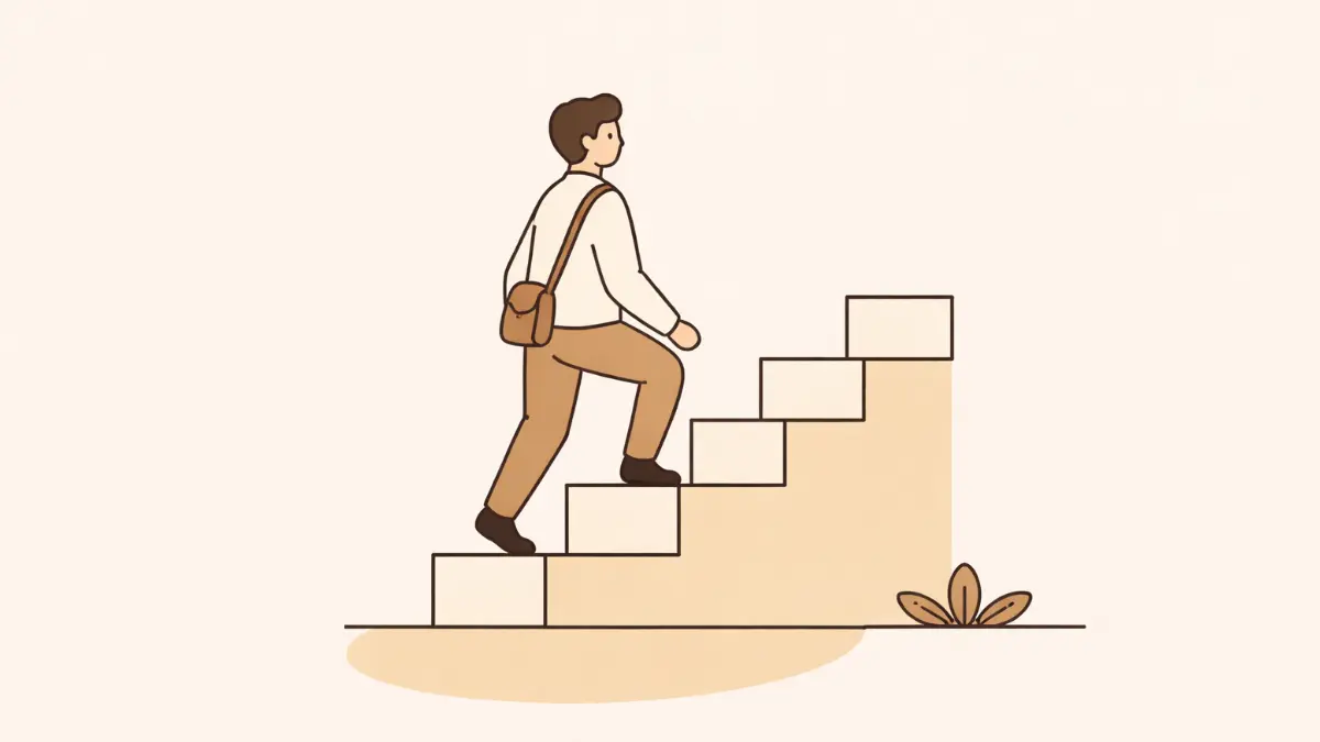 A figure walking up a staircase