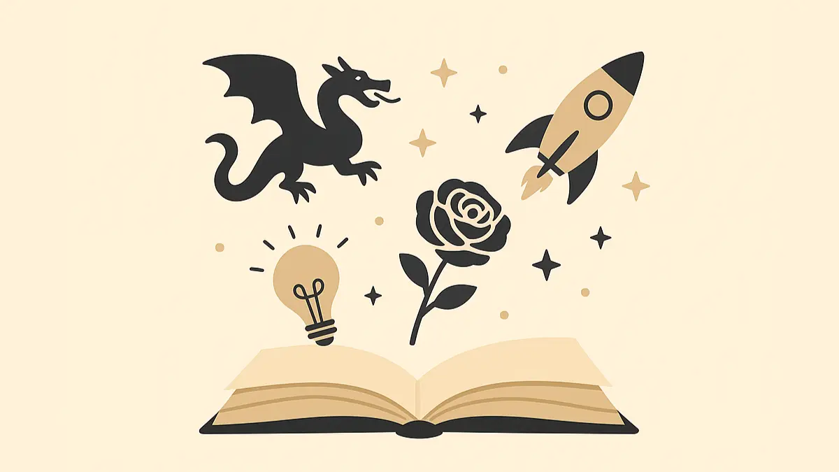 Book with dragon, rocket, and rose appearing from inside