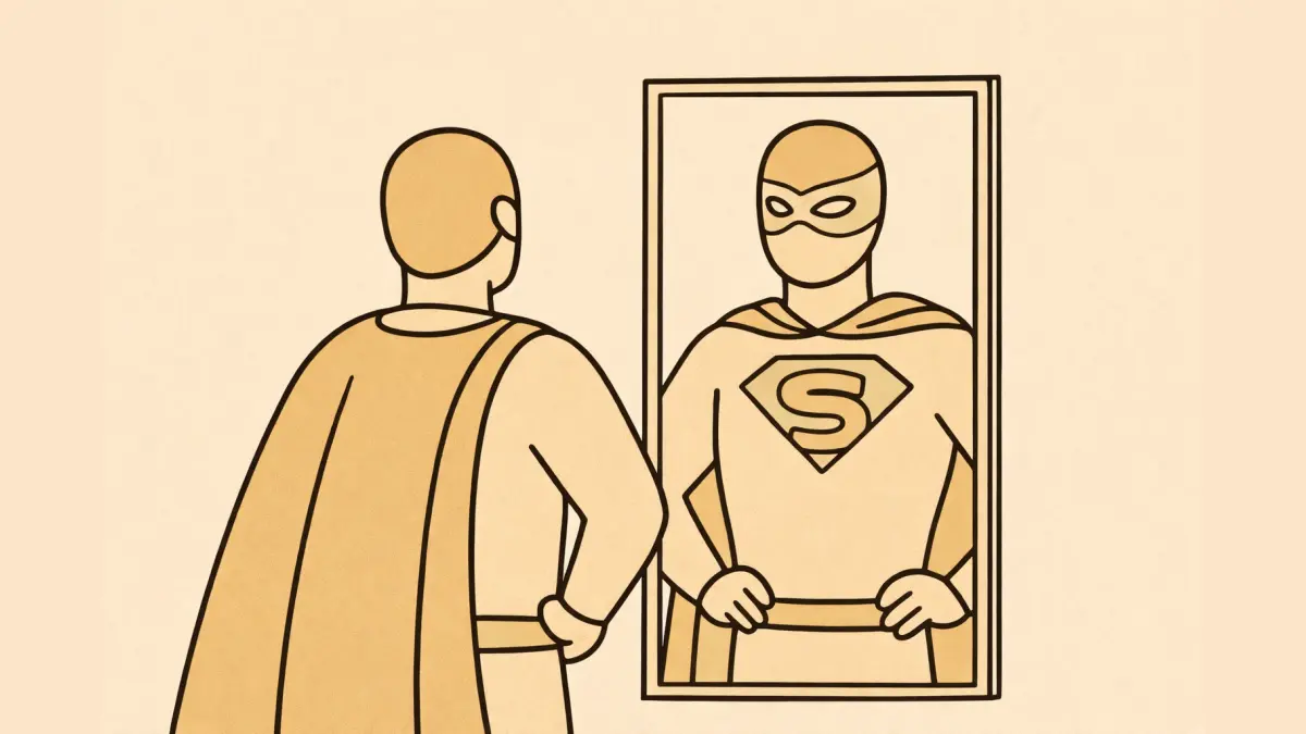 A superhero looking in the mirror