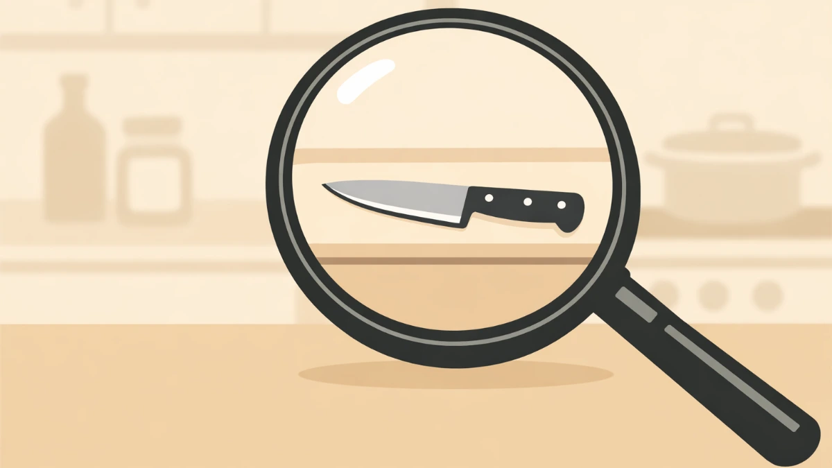 A magnifying glass hovering over a knife on the counter