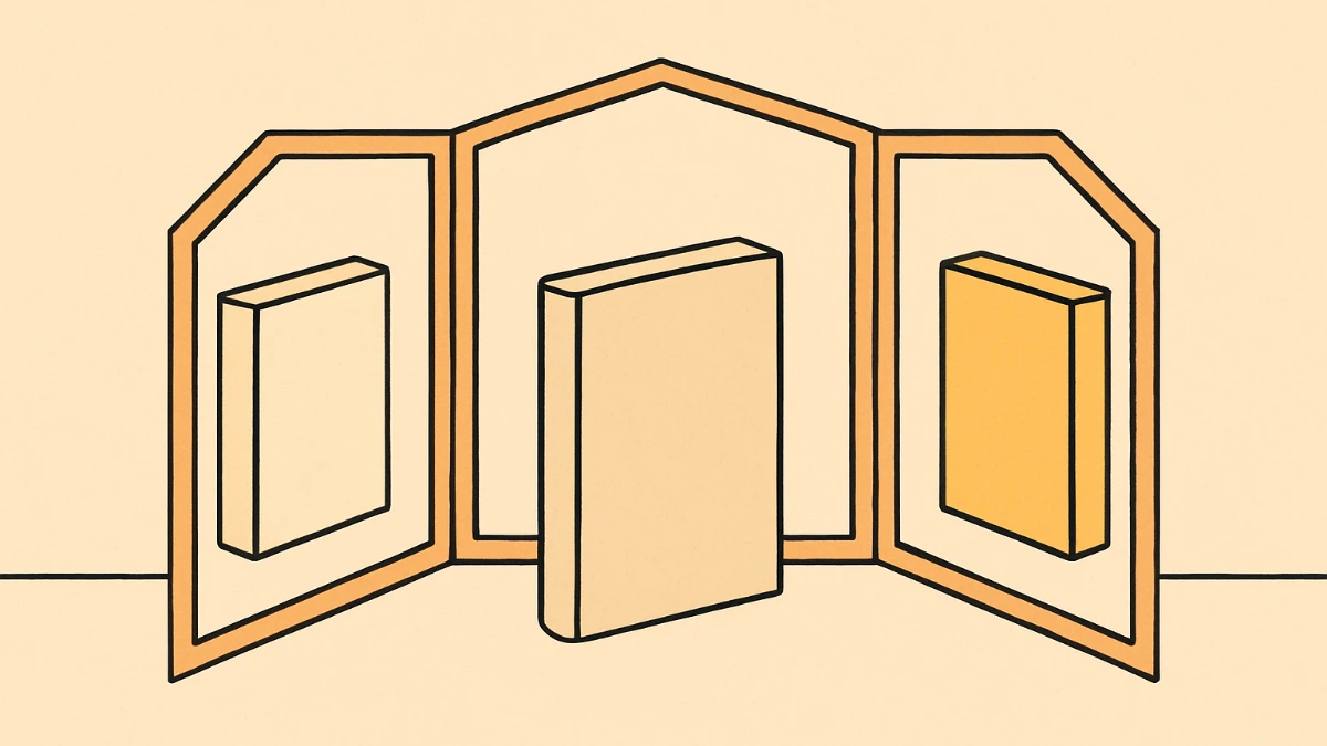 A mirror with different versions of the book in the reflection