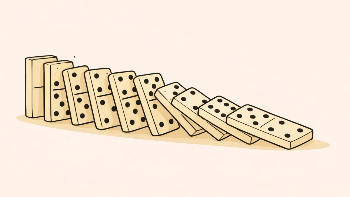 A chain of dominoes falling in sequence