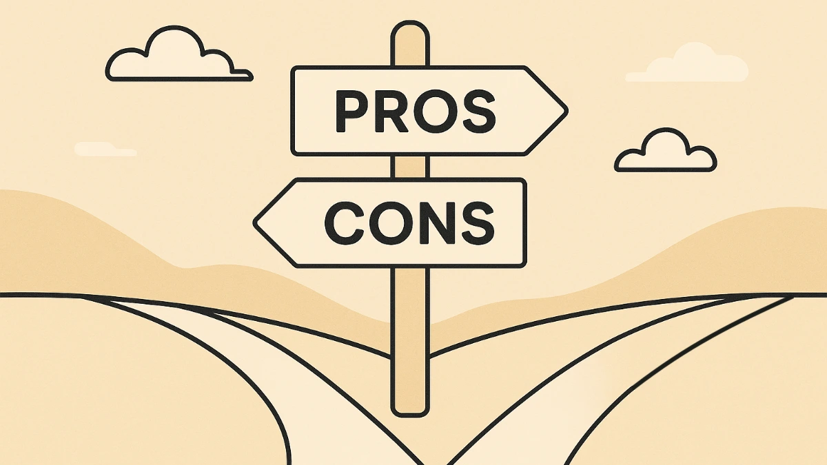 A signpost leading in two directions titled pros and cons