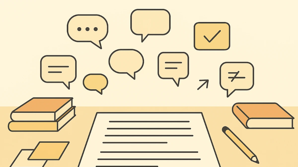 A manuscript on a desk with floating feedback bubbles floating overhead