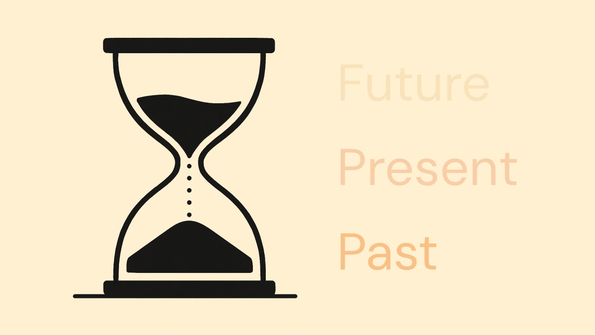 An hourglass signifying the past, present, and future tenses