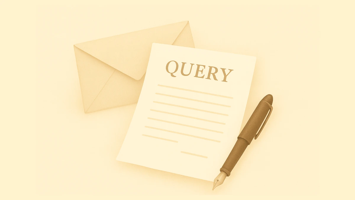 A query letter and pen resting on an envelope