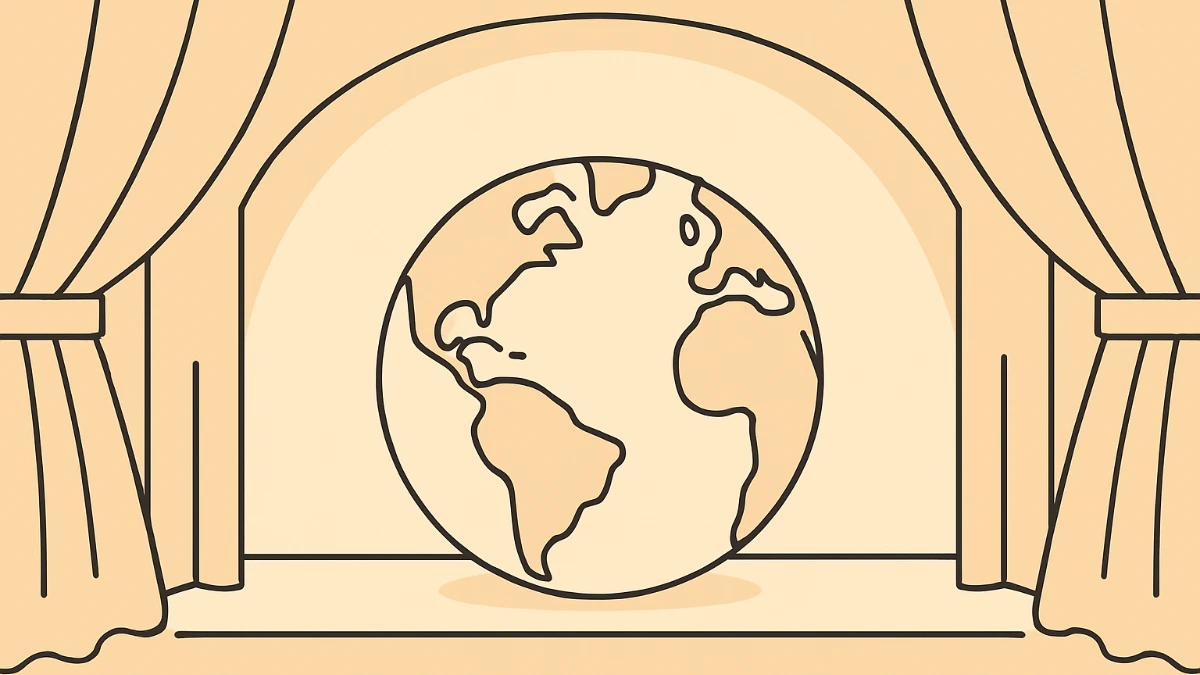 A globe on a stage being revealed by curtains