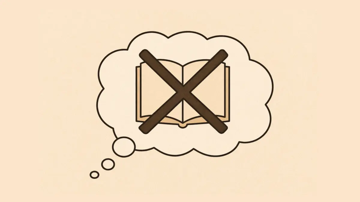 A thought bubble with a book inside and a large X over it