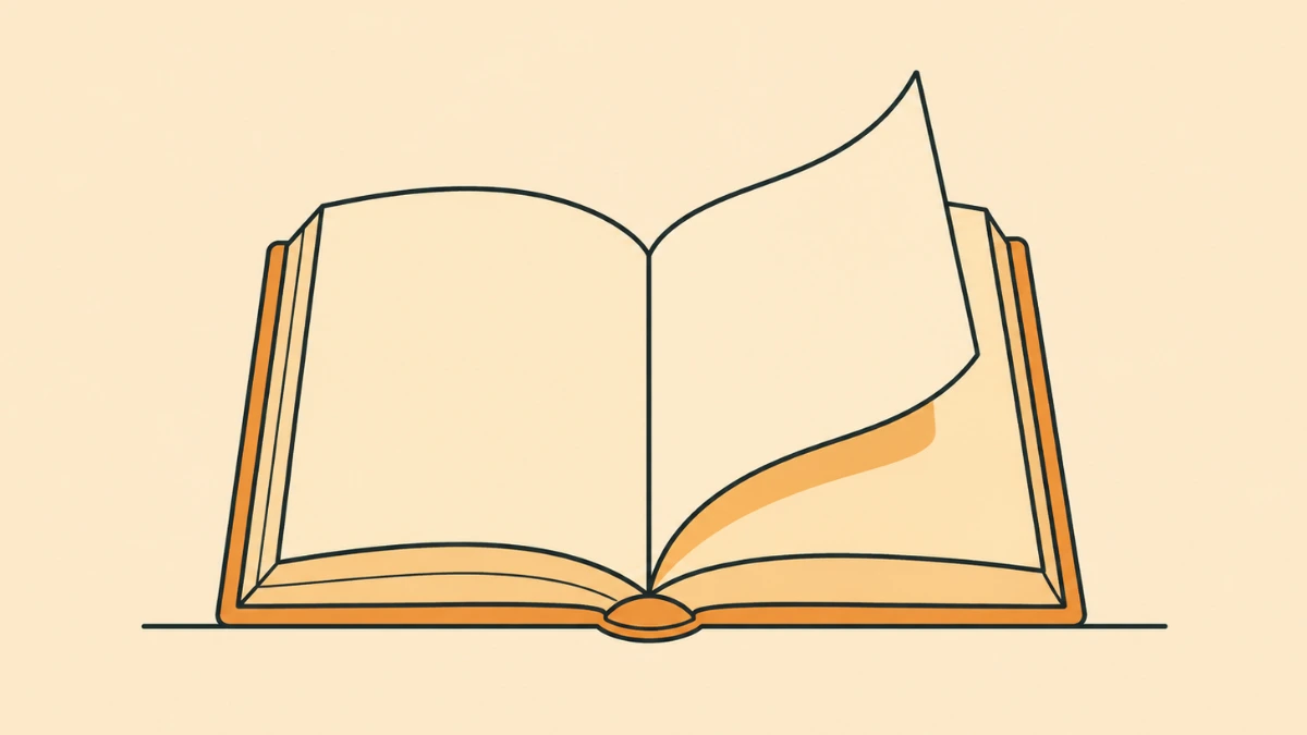 An open book with a page curling across